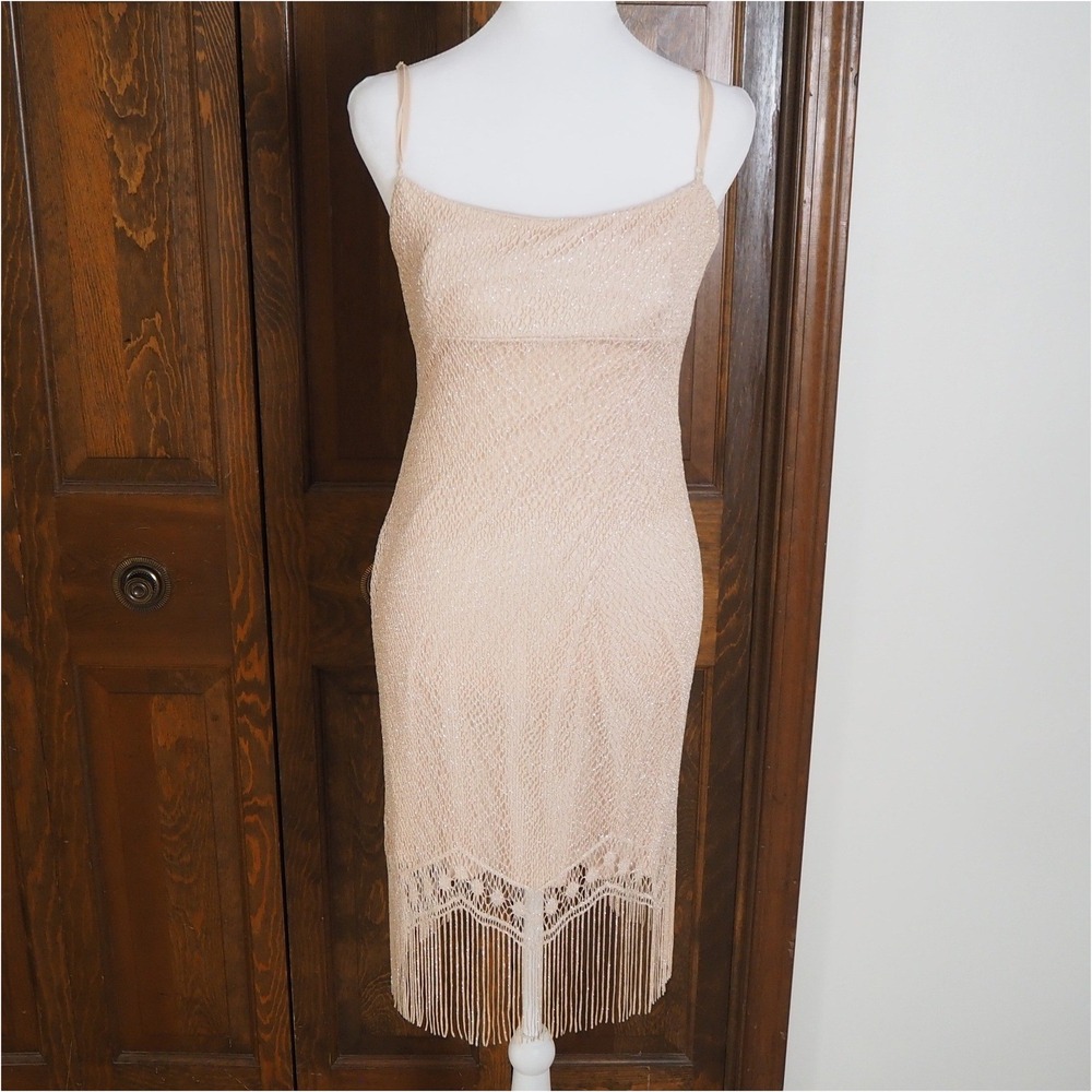 VTG 90's Babydoll Dress Sz Medium Crochet Metallic Mesh Overlay Fringe City Tri